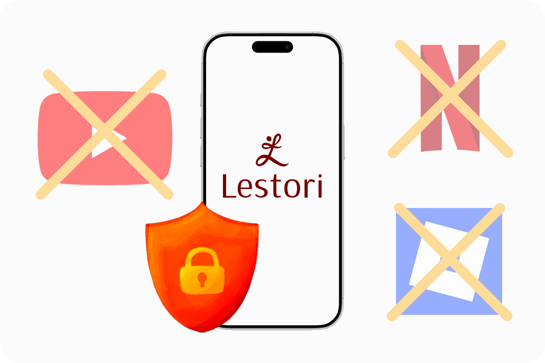 Locked device interface showing Lestori app restrictions preventing children from accessing other apps or content